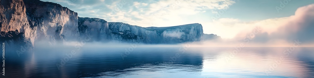 Poster panoramic view of the lake glowing under soft morning light, with mist rising from the ocean and dra