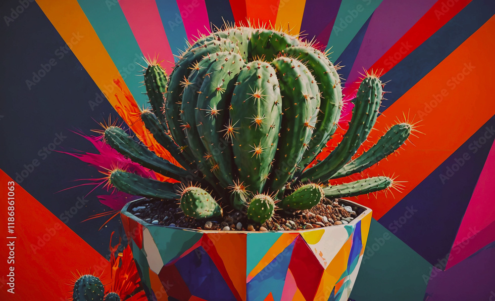 Poster Cactus is in a colorful pot. The frame is in a colorful background