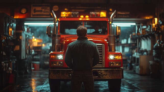 Man stands before a red big rig truck in a garage