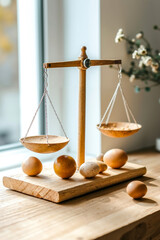 A wooden scale with eggs on top of it on a table
