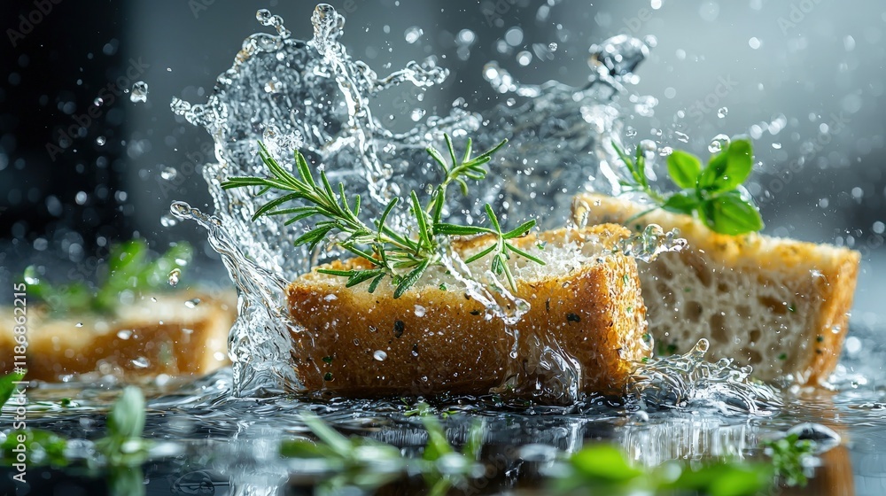 Poster fresh slices of bread splashing with water and herbs in realistic setting