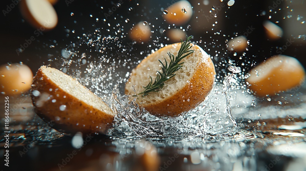 Poster freshly sliced bread with herbs splashing in the air in a realistic setting