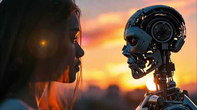 The woman with the robot her boyfriend, sunset