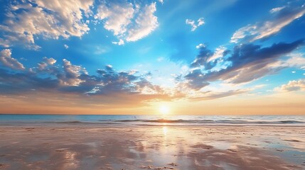 Obraz premium Breathtaking Ocean Sunset With Vibrant Colorful Sky Reflecting on Calm Water at Sandy Beach : Generative AI