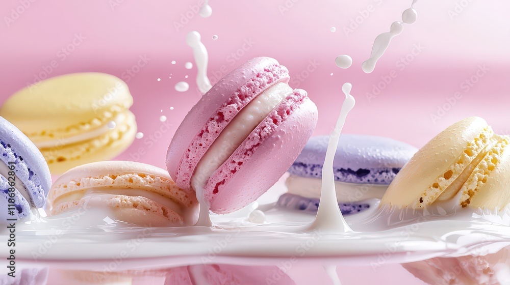 Poster colorful macarons floating with splashes of milk on a soft pink background