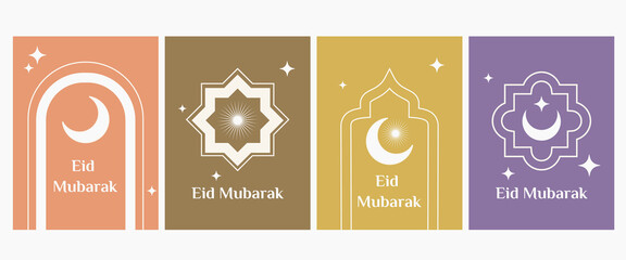 Eid mubarak greetings design in boho style. Minimalist design with windows, moon, and stars for islamic event. Vector Illustration.
