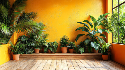 Fototapeta premium Wall with a yellow background and a bunch of plants in pots. The plants are arranged in a way that they look like they are growing out of the wall