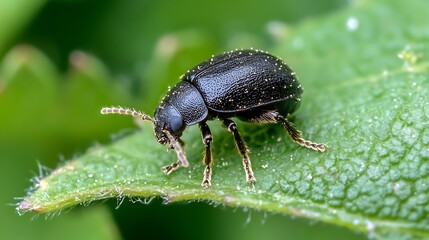 Shiny Black Beetle on Moist Green Leaf in Natural Macro Environment : Generative AI