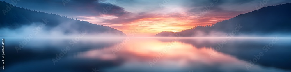 Poster panoramic view of the optical illusion of the lake glowing under soft twilight, with vibrant clouds 