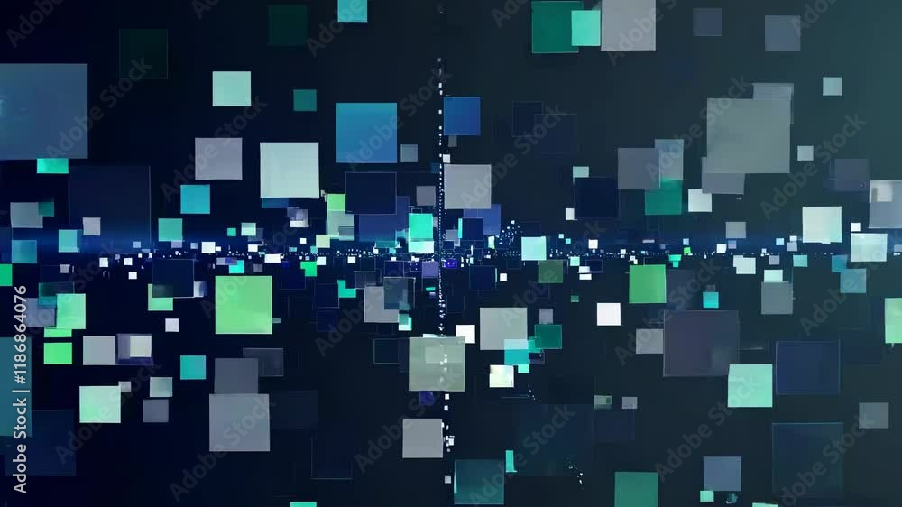 Poster colorful geometric shapes float and transform in a mesmerizing digital space animation