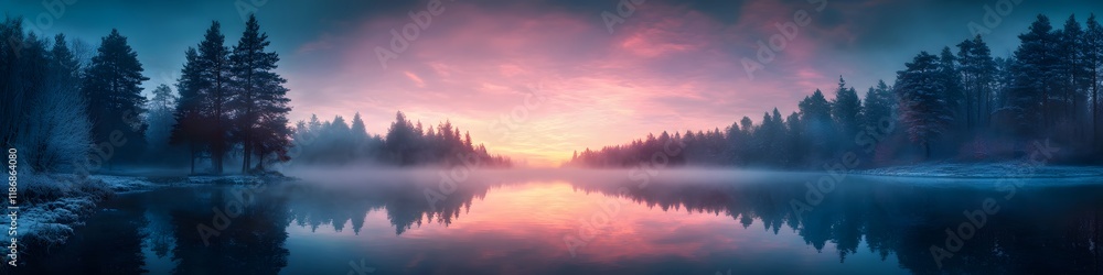Poster panoramic view of the optical illusion of the lake glowing under soft twilight, with vibrant clouds 
