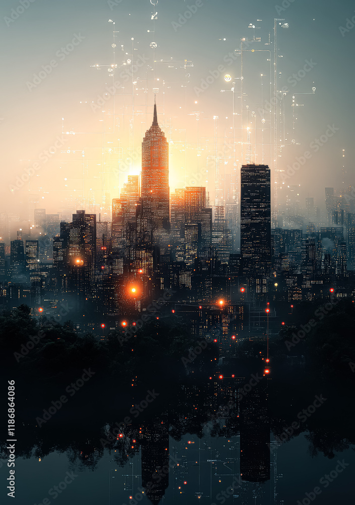 Poster city skyline with a large building in the center and a sun setting in the background. the city is li