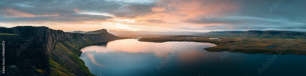 Poster aerial panorama of lake srvagsvatn glowing under the soft light of dawn, with vibrant greenery and d