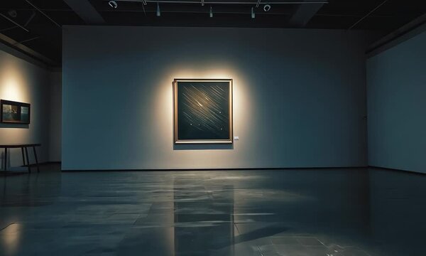 Dark art gallery with paintings illuminated on walls