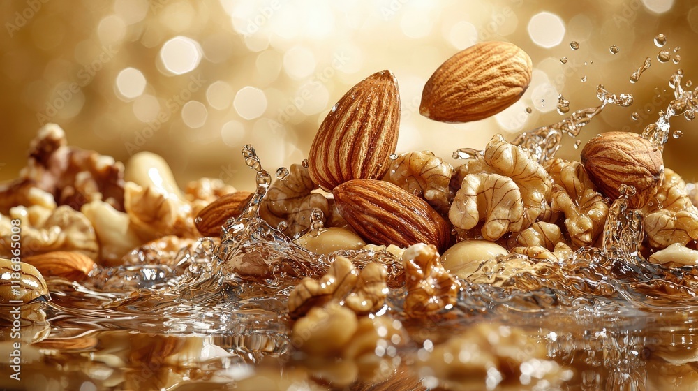 Poster realistic shot of assorted nuts with splash in golden background