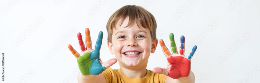 Poster a smiling young boy has colorful painted hands isolated against a pure white background in this simp