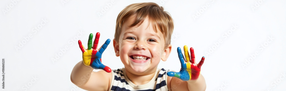 Poster a smiling young boy has colorful painted hands isolated against a pure white background in this simp