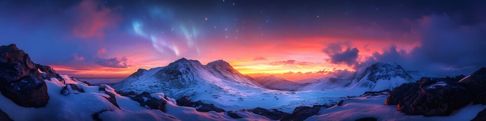 Obraz premium Panoramic view of Reinebringen glowing under fiery sunset hues, transitioning into the vibrant colors of the Northern Lights, in 4K resolution
