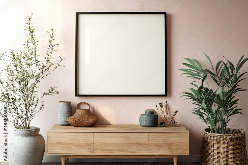 Poster white framed picture sits on a wooden table next to a vase and a potted plant. the empty frame and t