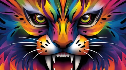 Obraz premium Vibrant digital art of a colorful big cat, showcasing intense eyes and bared teeth.