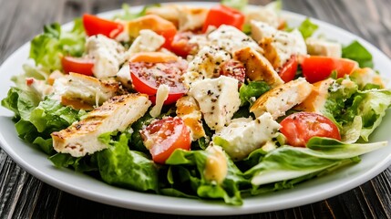 Fresh Homemade Greek Salad with Grilled Chicken and Feta Cheese Healthy Lunch : Generative AI