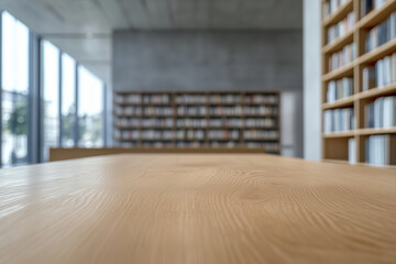 Fototapeta premium Wooden top table with library in background