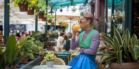Stylish City Sipping. A fashionable woman with colorful hair and trendy sunglasses enjoys a refreshing orange drink at an outdoor cafe.