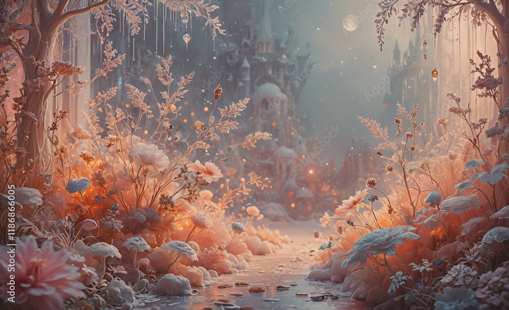 Poster painting of a snowy forest with a castle in the background. the castle is surrounded by trees and fl