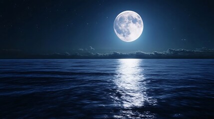Glowing Full Moon Reflecting on Quiet Ocean Waters under Starry Night : Generative AI