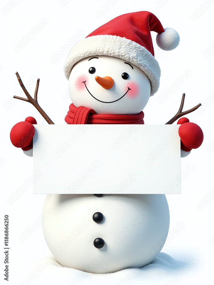 Poster A Smiling Snowman Holds A Blank Banner Against A White Background That Is Transparent When Viewed As Png. 00003