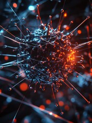 Detailed 3D visualization of a virus structure showing capsid and spikes with glowing molecular details in vibrant colors. Generative AI