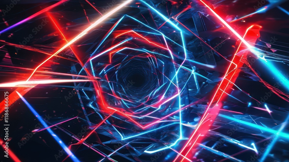 Poster dynamic abstract design with vibrant neon lights creating a tunnel effect, perfect for technology or