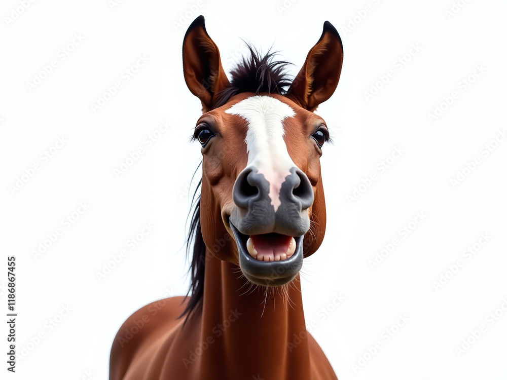 Poster A Smiling Horse Is Isolated On A White Background In This Simple Yet Humorous Portrait Of A Happy Equine. 00001