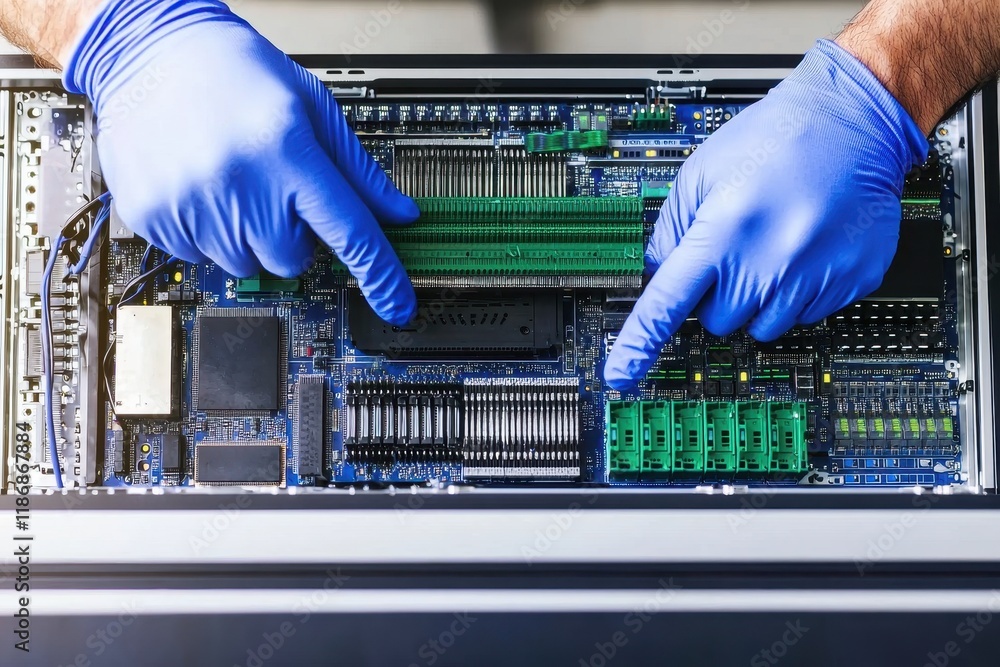 Aufkleber a technician in blue gloves carefully assembles computer hardware inside a server, showcasing intric