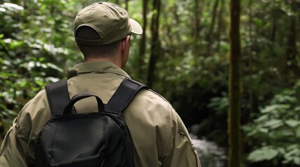 Obraz premium Close-Up Back View of a Man in Military Attire with a Backpack Walking Through a Forest