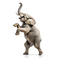 Obraz premium Powerful African Elephant Standing on Hindlegs with Trunk Reaching Upwards on White Background