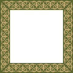 Vector gold with green square Kazakh national ornament. Ethnic pattern of the peoples of the Great Steppe