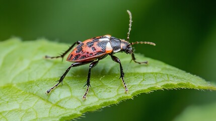 Naklejka premium Closeup of a Vibrant Red and Black Beetle Perched on Green Leaf in Natural Setting : Generative AI