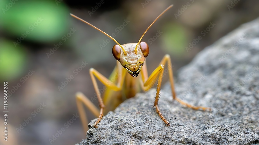 Poster Close Up of Curious Praying Mantis on Rock with Intense Focus and Green Background : Generative AI