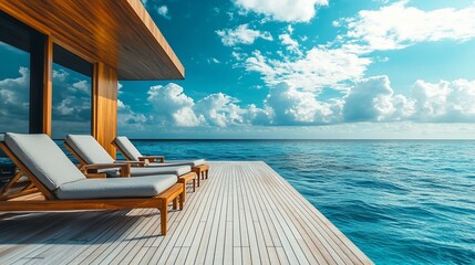 Overwater bungalow deck with lounge chairs, ocean view.