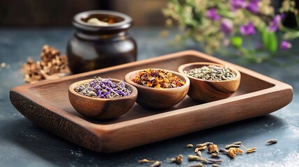 Fototapeta premium Tranquil Herbal Arrangement with Dried Flowers in Wooden Bowls for Mindfulness and Relaxation : Generative AI