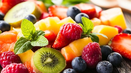 Obraz premium Vibrant Fresh Fruit Salad with Mint Garnish in a Colorful Summer Presentation : Generative AI