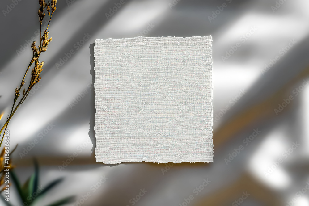 Poster white piece of paper with a pattern on it sits on a table. the paper is torn and crumpled, giving it