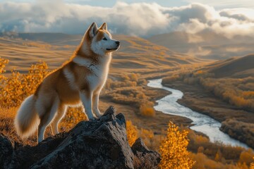 Obraz premium Akita dog on rocky cliff overlooking valley with autumn river and sky