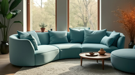 Obraz premium teal curved sofa a sunlit living room