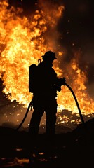 Fototapeta premium Firefighter silhouetted against raging wildfire battling blaze with hose
