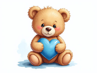 Fototapeta premium A Small, Cuddly Teddy Bear Holds A Blue Heart In Its Paws Against A Beautiful Watercolor Background Of Pure White. 00001