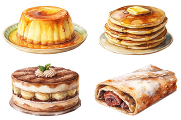 Delicious dessert assortment, creamy flan, fluffy pancakes, rich tiramisu, savory crepes, watercolor illustration, food art.