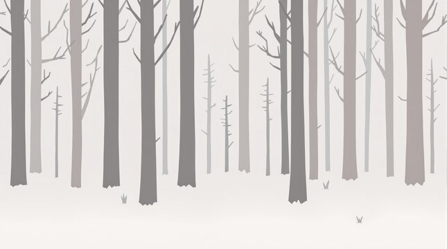 Serene winter forest scene Bare trees stand tall in misty peaceful landscape