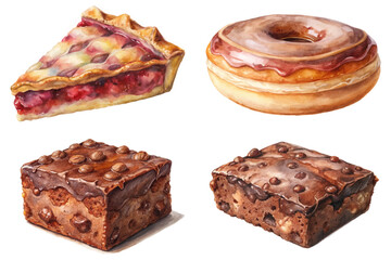 Delicious dessert assortment, colorful pastry selection, tempting baked goods, sweet treats, gourmet desserts, artistic food illustration.